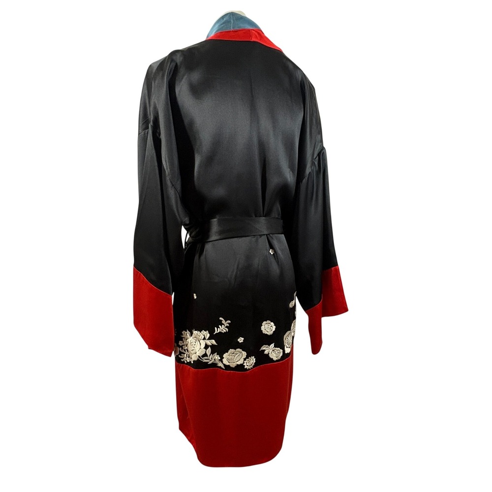 Natori Robe Black Red Blue Embroidered Phoenix Floral Satin Kimono V80940 Small - Picture 2 of 10
